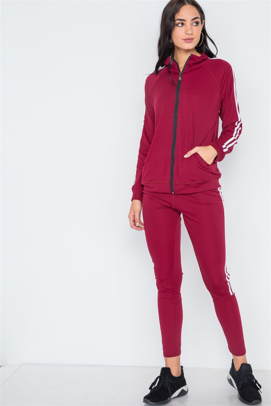 Burgundy White Active Two Piece Legging Jacket Set