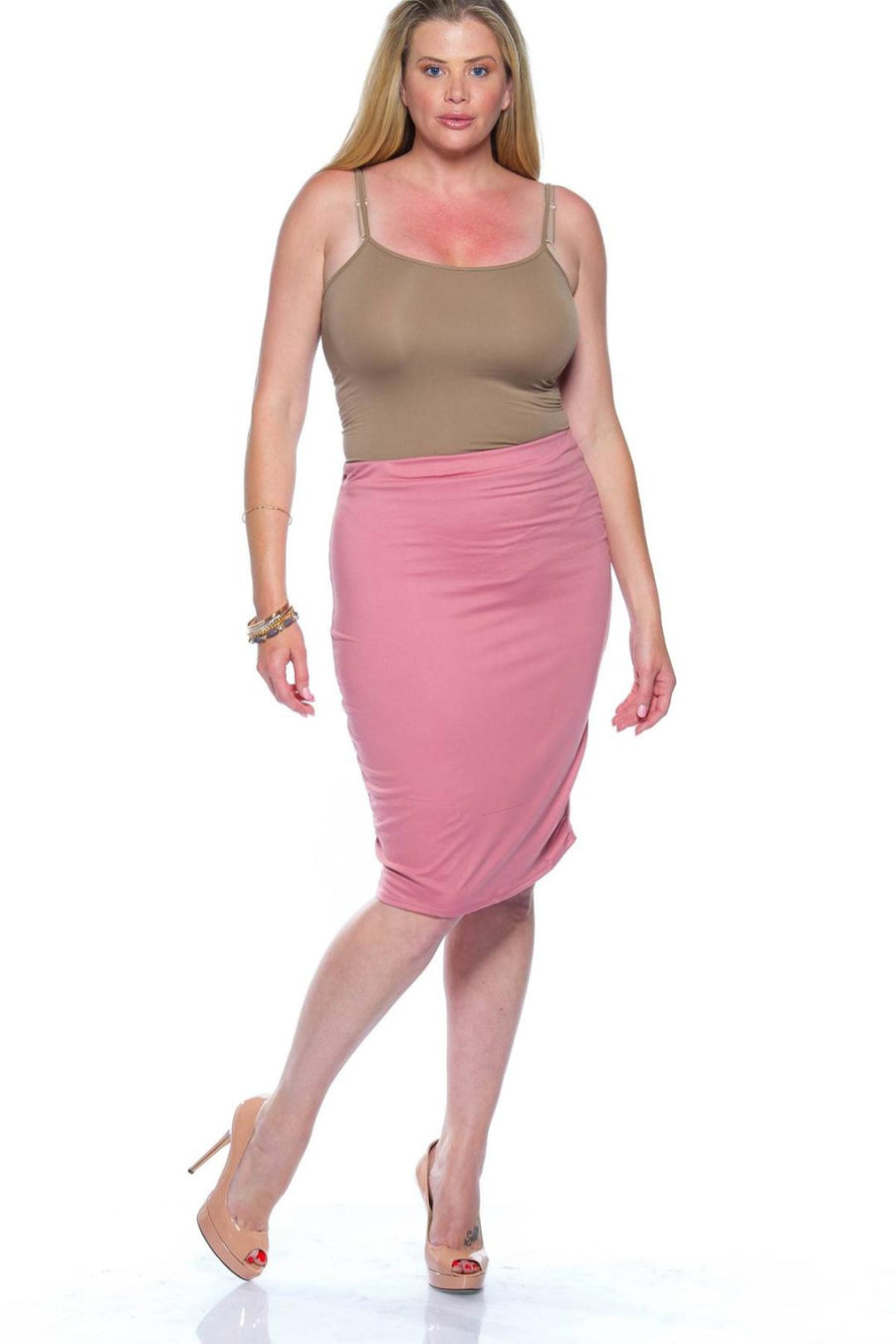 Ladies fashion plus size pink midi bodycon skirt