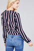 Ladies fashion 3/r roll up sleeve notched collar front tie multi striped woven top