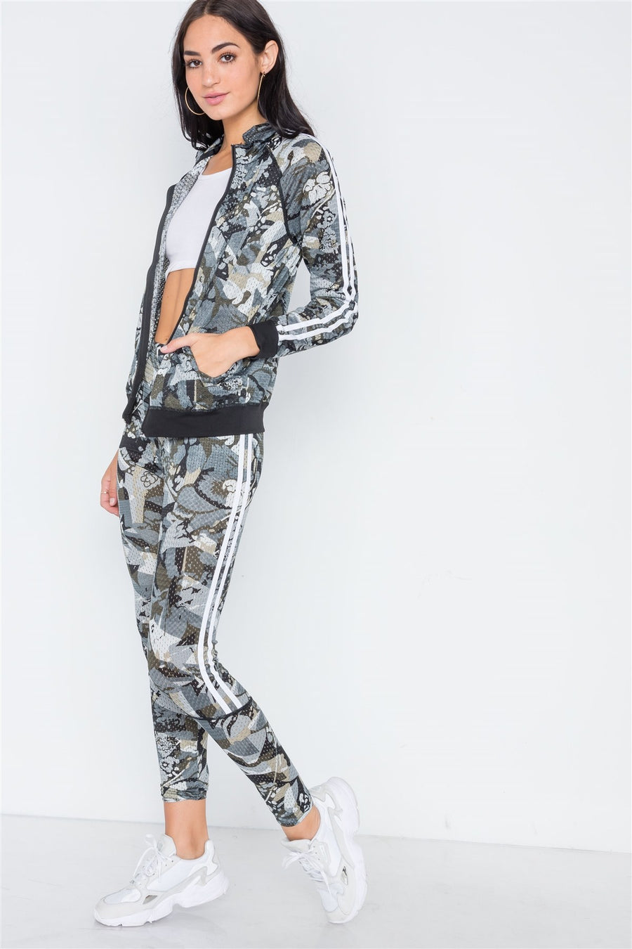 Grey Olive Mesh Active Two Piece Legging Jacket Set