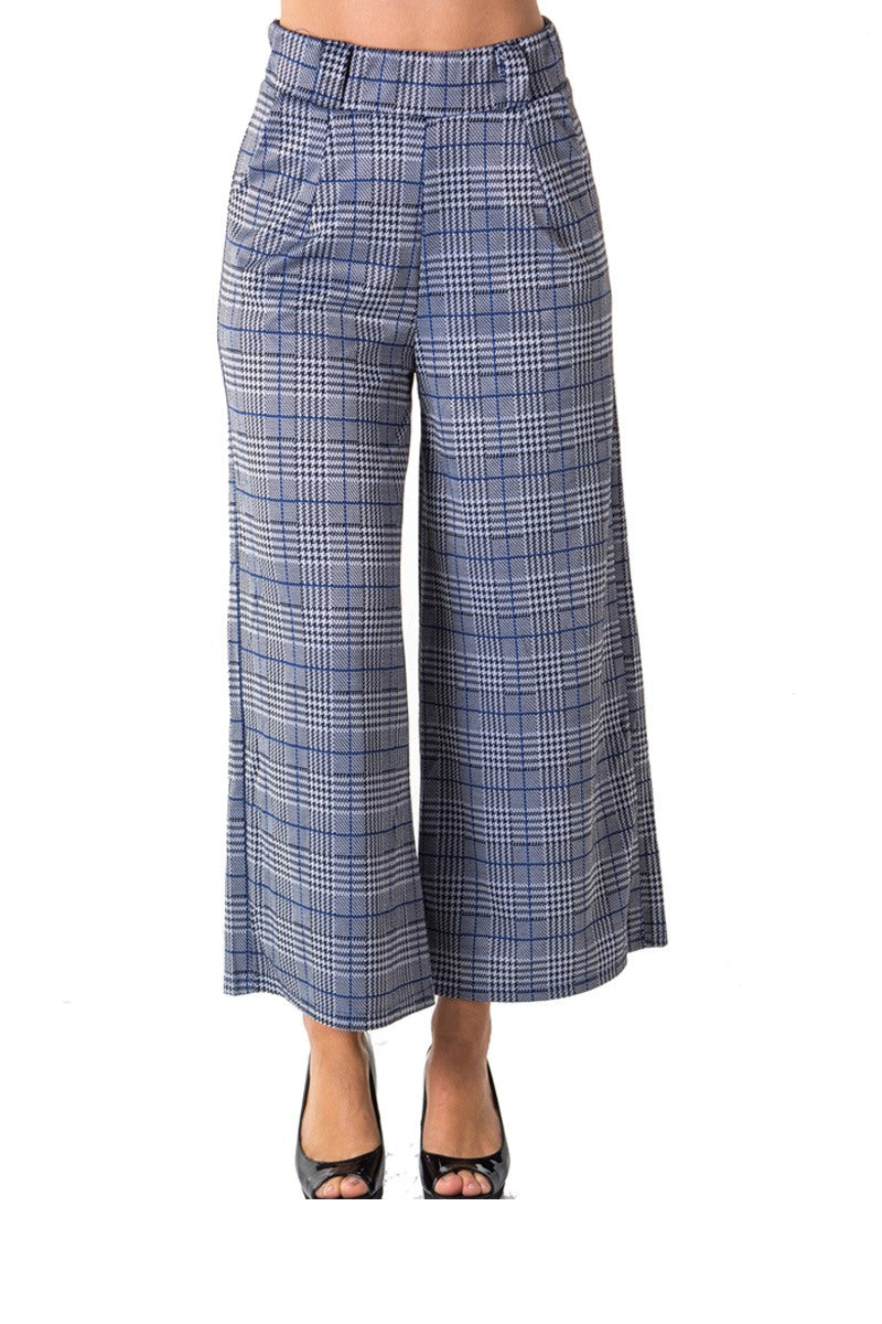 Ladies fashion casual plaid pants, high waist, wide leg & 2 front pockets