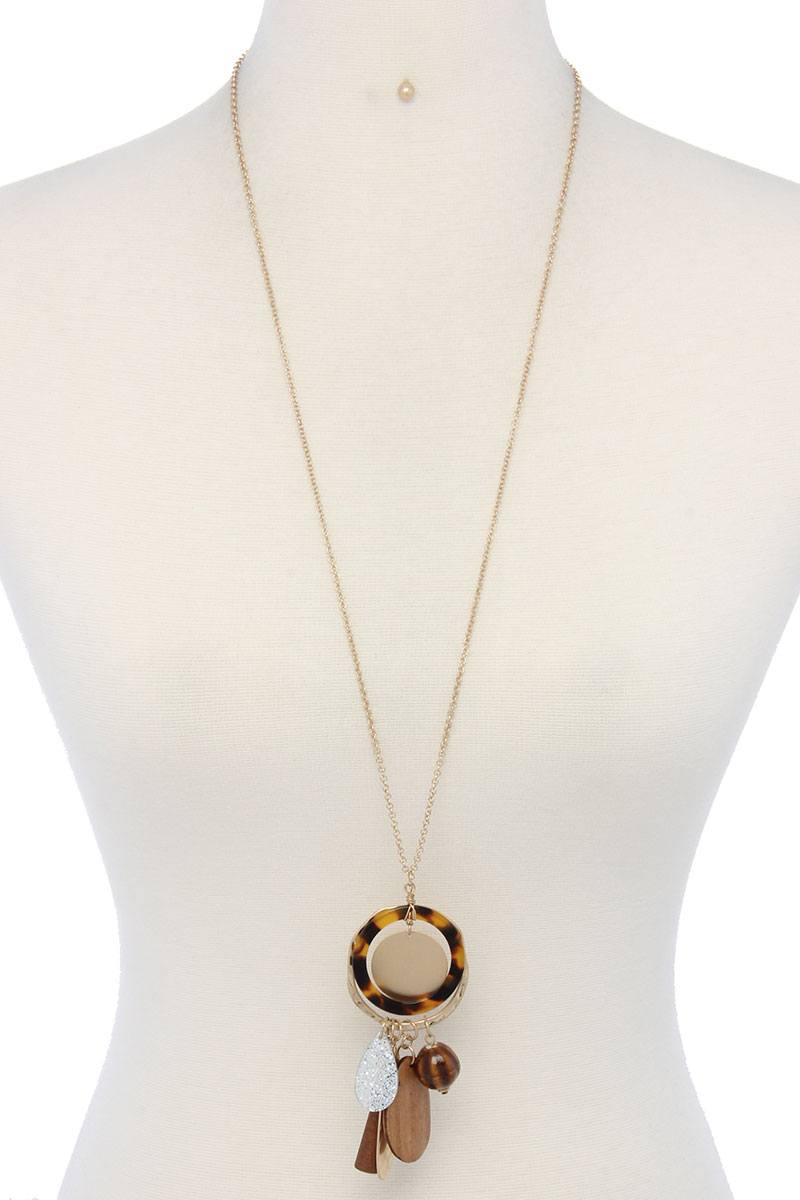 Hammered long teardrop shape acetate ring pendant necklace