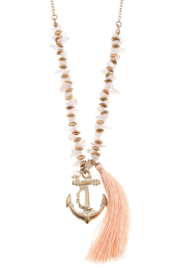 Anchor tassel pendant chipped gem necklace set