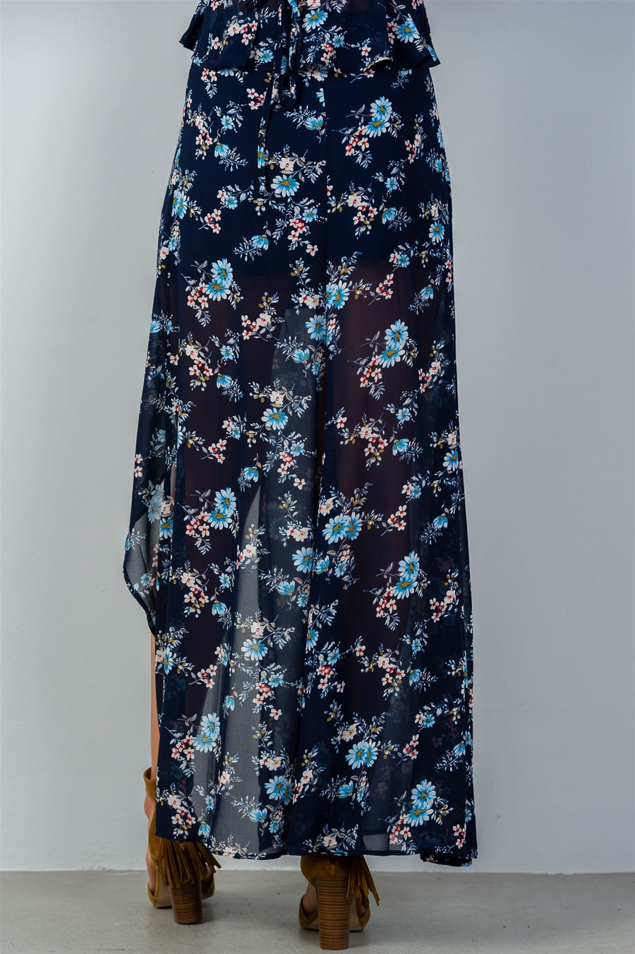 Ladies fashion navy & floral print wrap maxi skirt