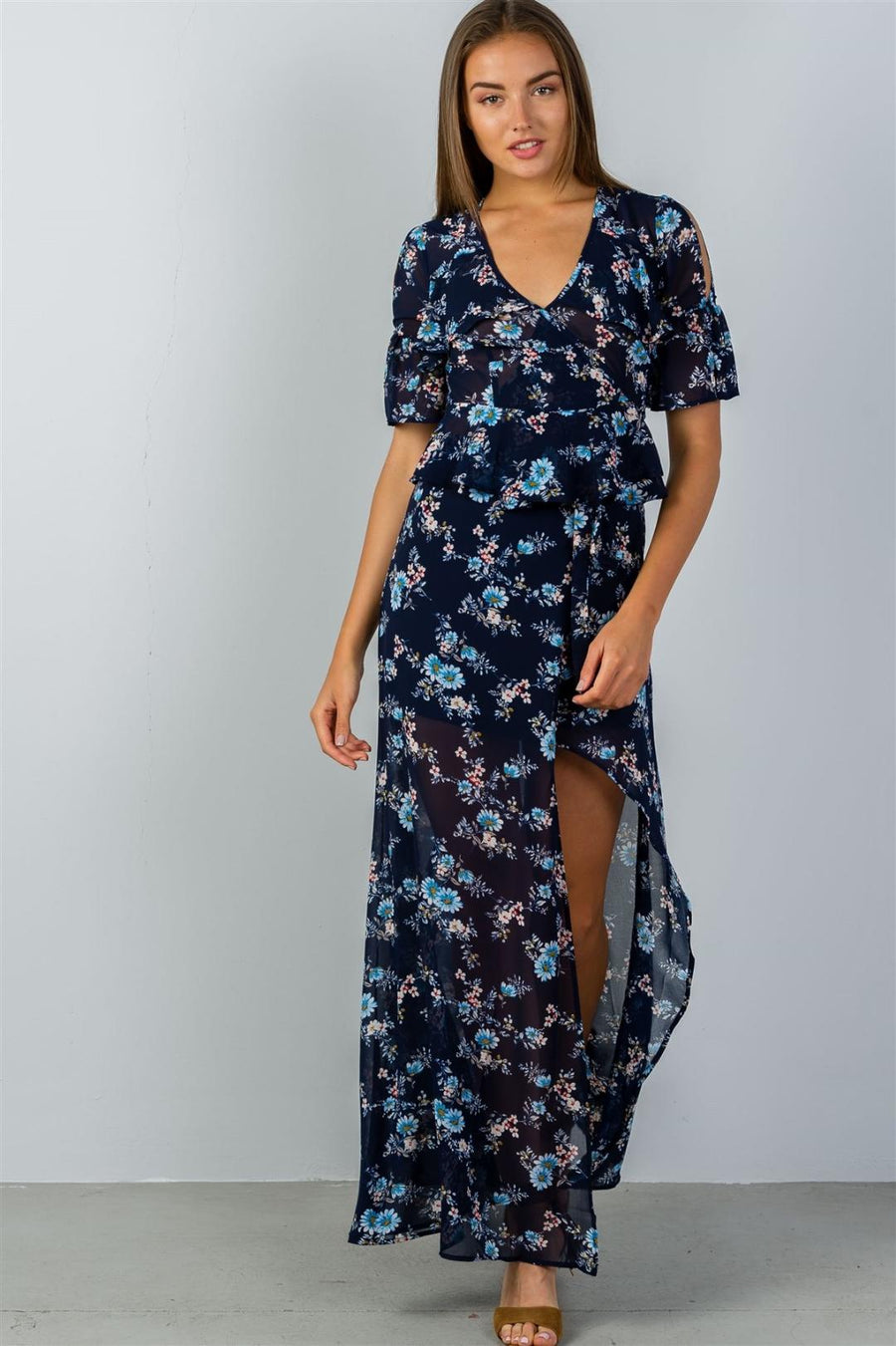 Ladies fashion navy & floral print wrap maxi skirt