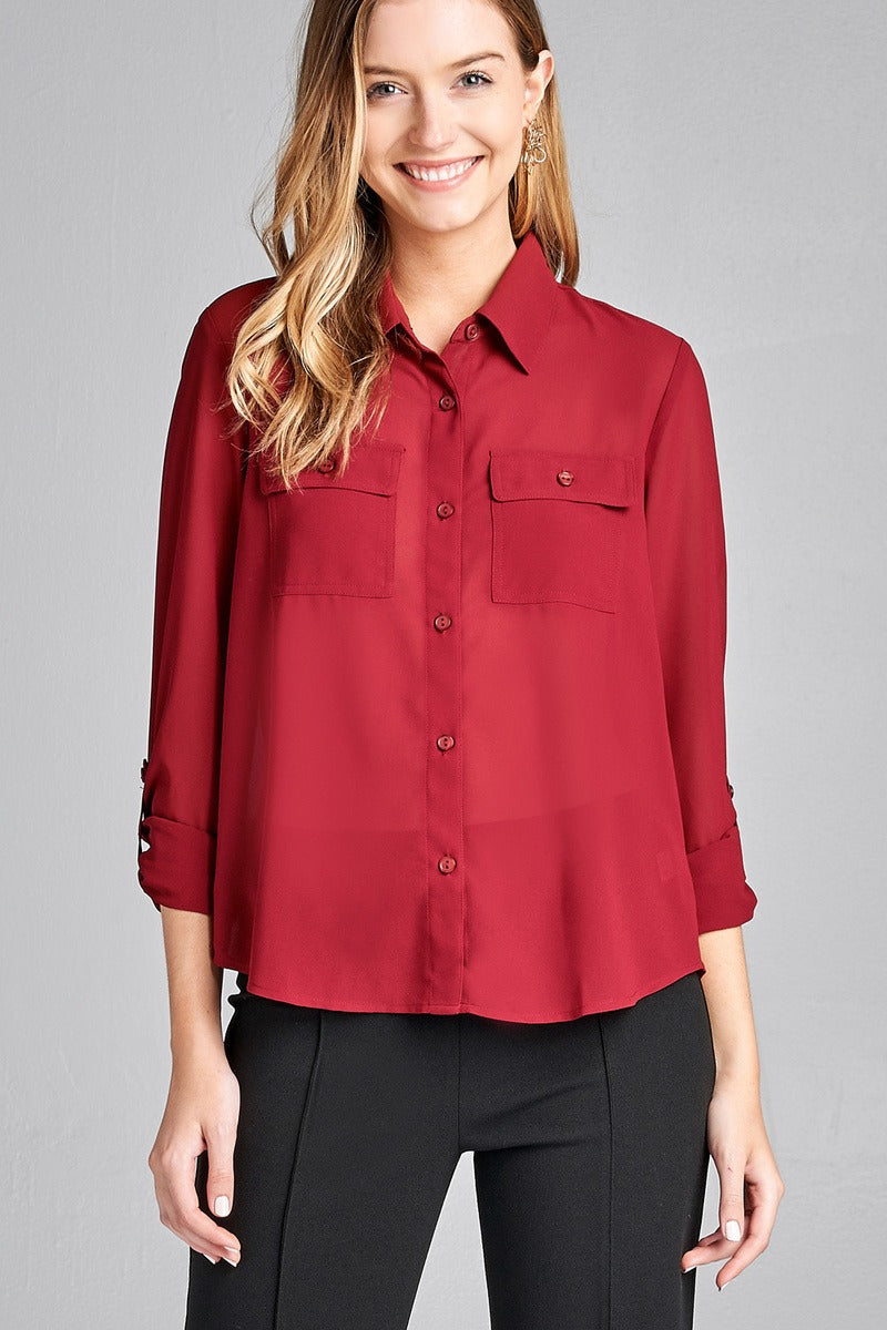 Ladies fashion long sleeve front pocket chiffon blouse w/ back button detail