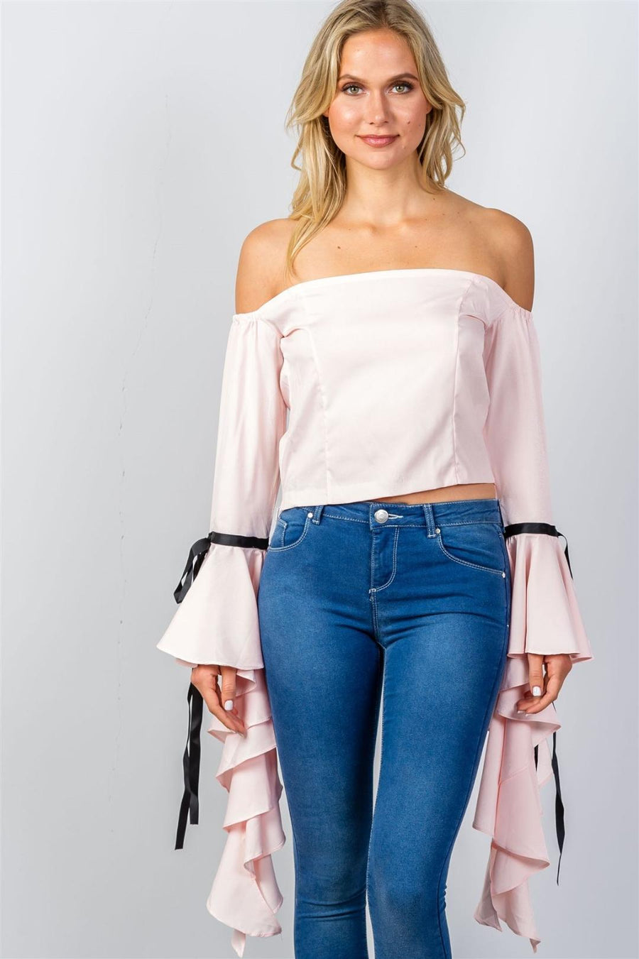 Ladies fashion pink ruffles flare sleeve off the shoulder blouse