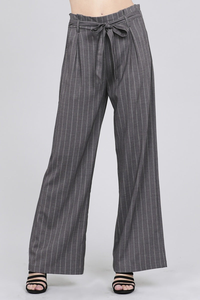 Ladies fashion high waist w/self belt long leg wide pinstripe woven pants