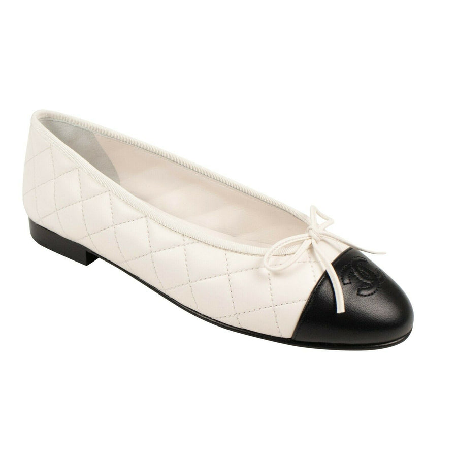 Quilted Leather Cap Toe Ballerina Flats - White