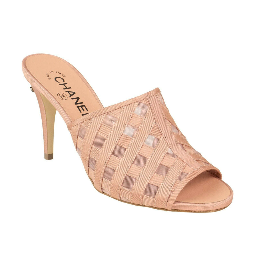 Mesh And Grosgrain Open Toe Heels Mules - Pink