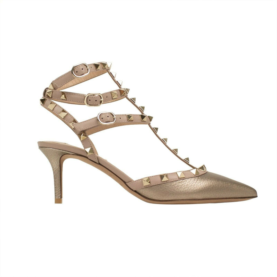 Metallic Leather Rockstud Ankle Strap Pumps - Metallic Pink / Blush