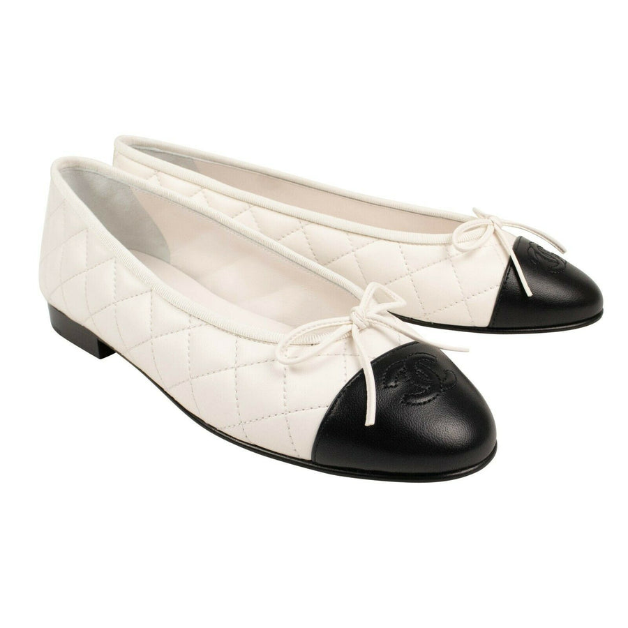 Quilted Leather Cap Toe Ballerina Flats - White