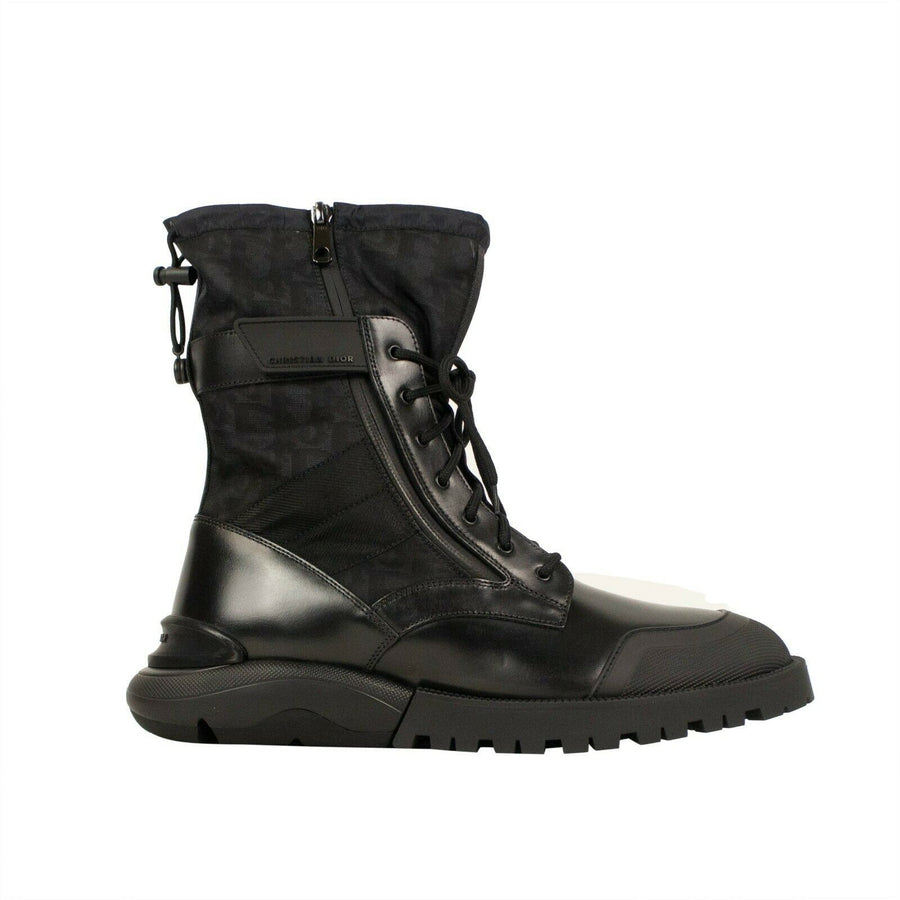 Leather Oblique Canvas Combat Boots - Black