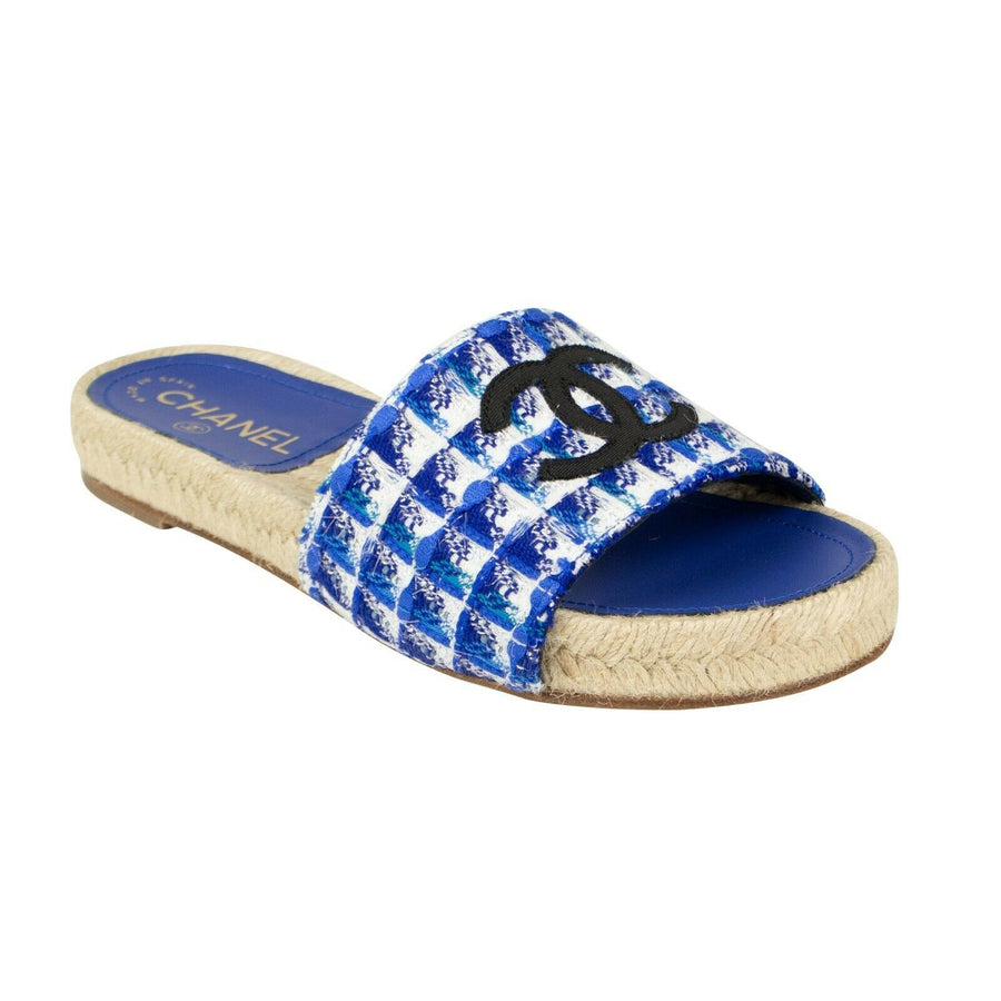 Tweed And Grosgrain Espadrille Slides - Blue