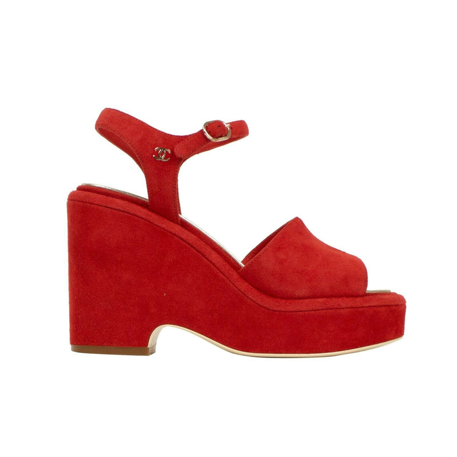 Suede Block Heel Sandals - Red