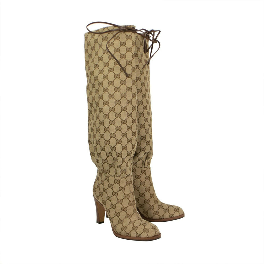 Women's Canvas 'Lisa' Monogram Boots Heels - Beige