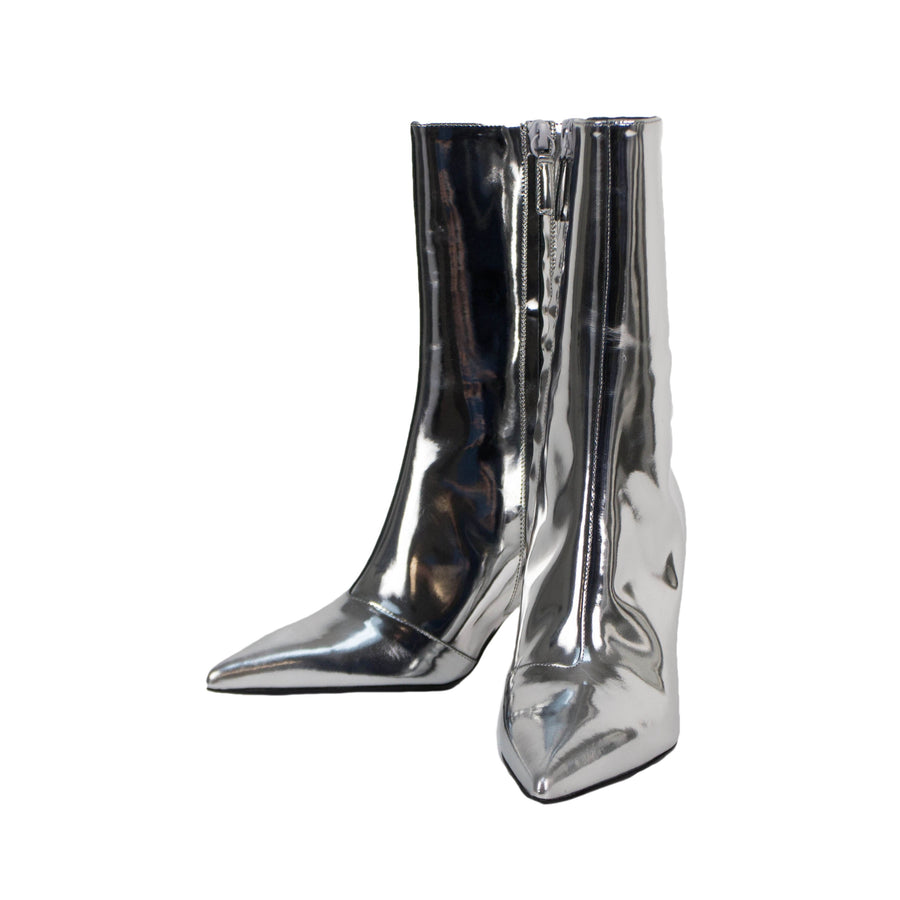 Patent Leather Slash Heel Ankle Boots - Silver