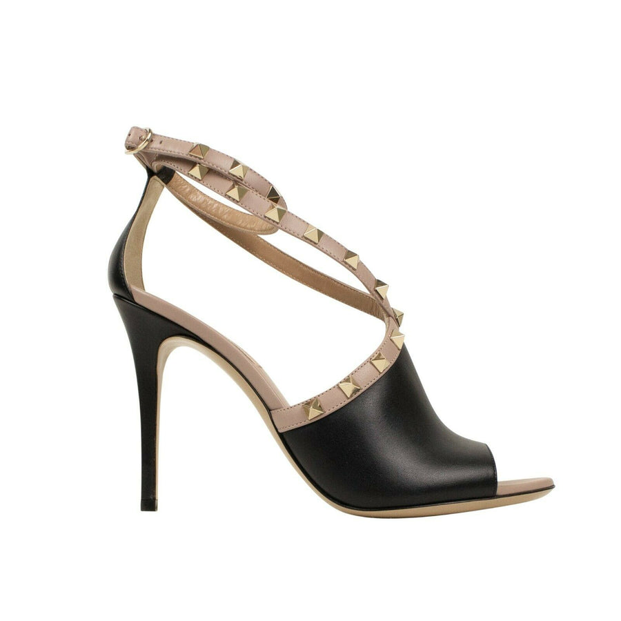 Leather Rockstud Open Toe Ankle Strap Pumps - Black / Blush