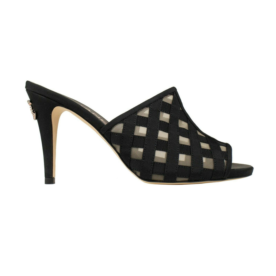 Mesh And Grosgrain Open Toe Heels Mules - Black / Beige