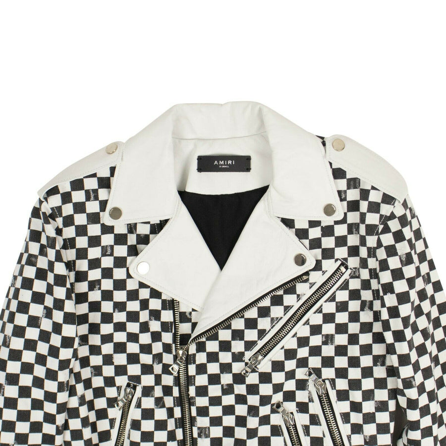 Checkered Denim Biker Jacket - Black / White