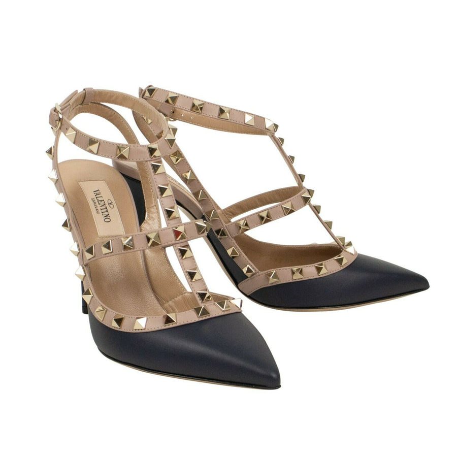 Leather Rockstud Caged Pumps - Navy / Blush