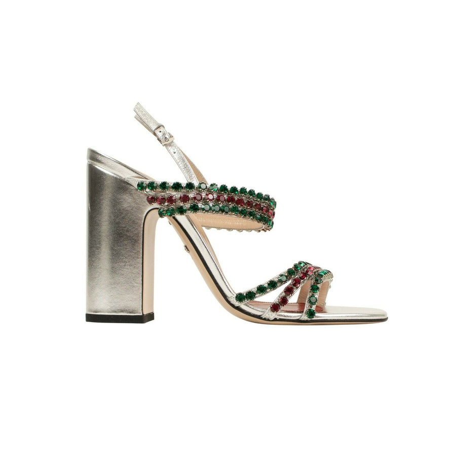 Women's Leather With Red And Green Crystals Sandals Pumps - Silver