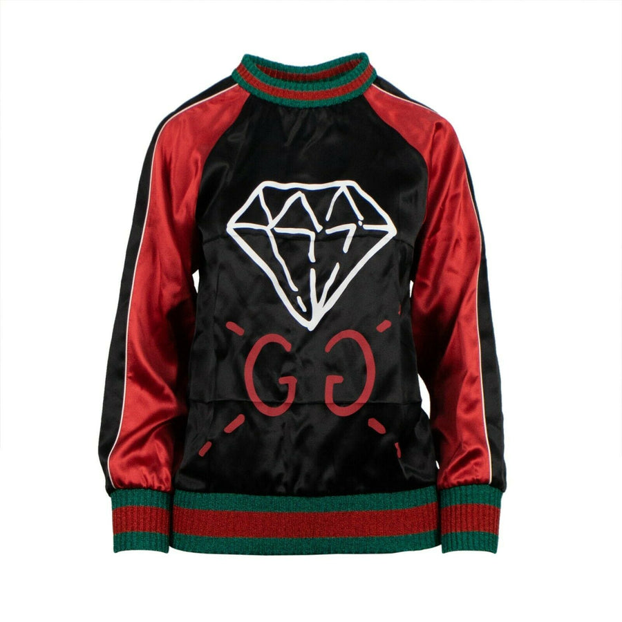 GG Ghost Diamond Long Sleeve Silk Top - Black / Red