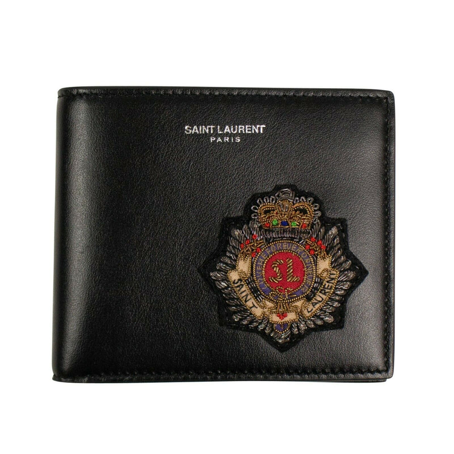 Embroidered Leather Bi-Fold Wallet - Black