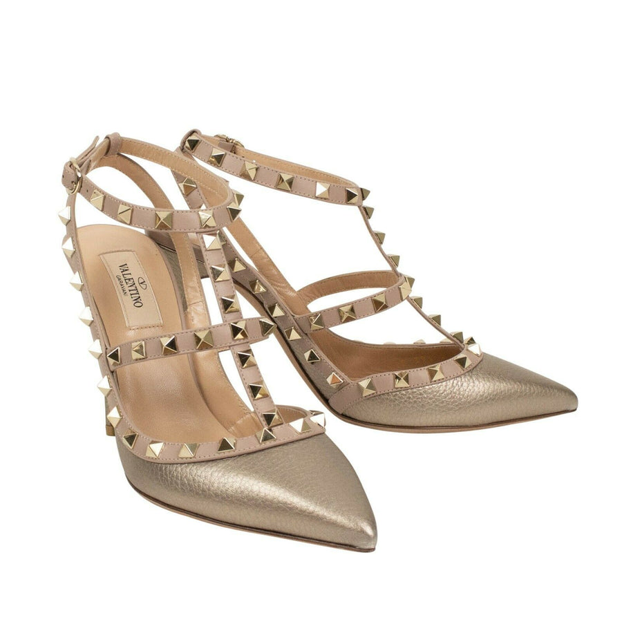 Metallic Leather Rockstud Caged Pumps - Gold / Blush