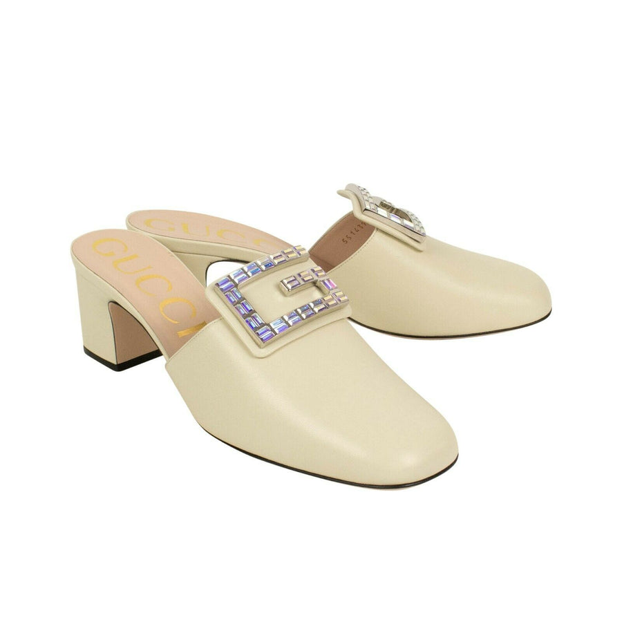 Women's Vintage Leather G Buckle Mule Pumps -  White