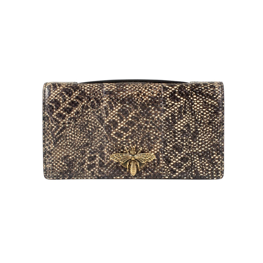 Snakeskin Leather Embellished Pouchette Clutch - Brown