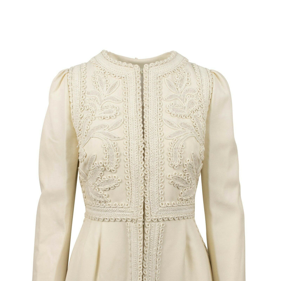 Wool Embroidered Trim Long Blazer Coat - Ivory