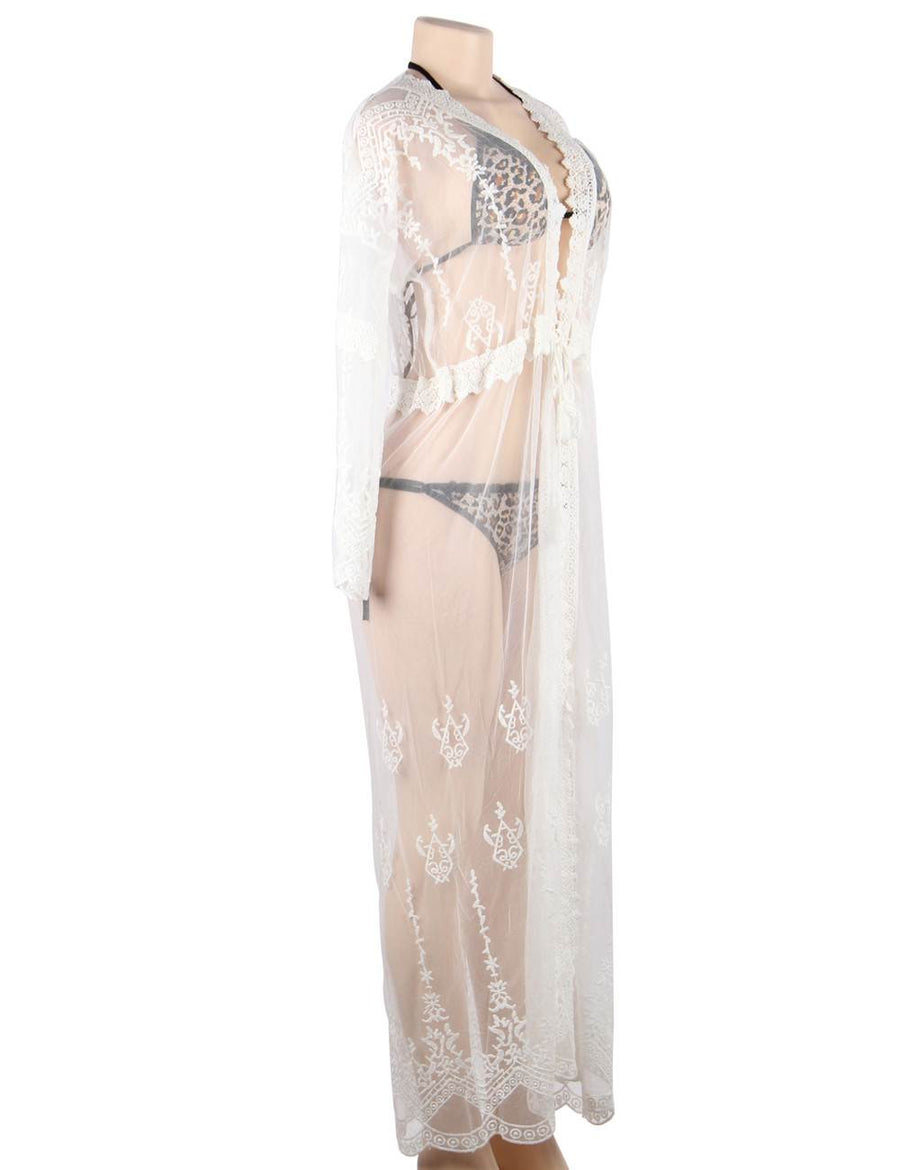 White Delicate Embroidery Long Cardigan Beach Gown