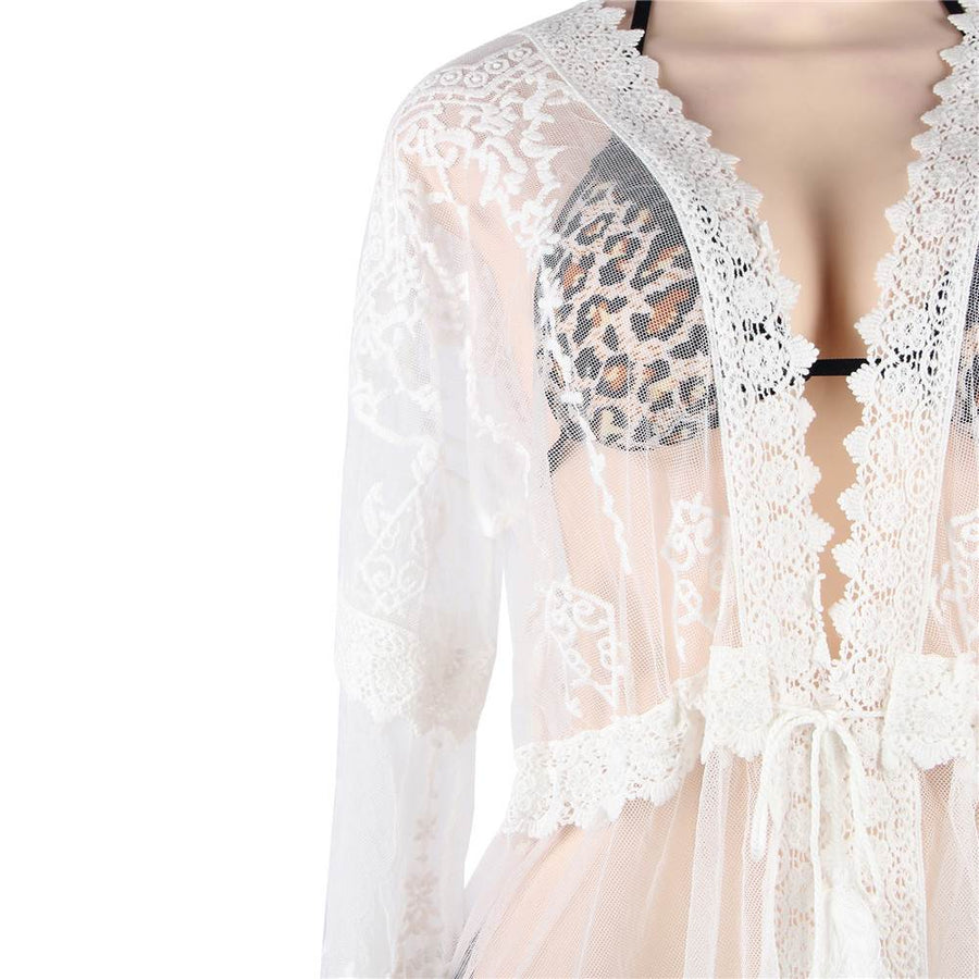 White Delicate Embroidery Long Cardigan Beach Gown