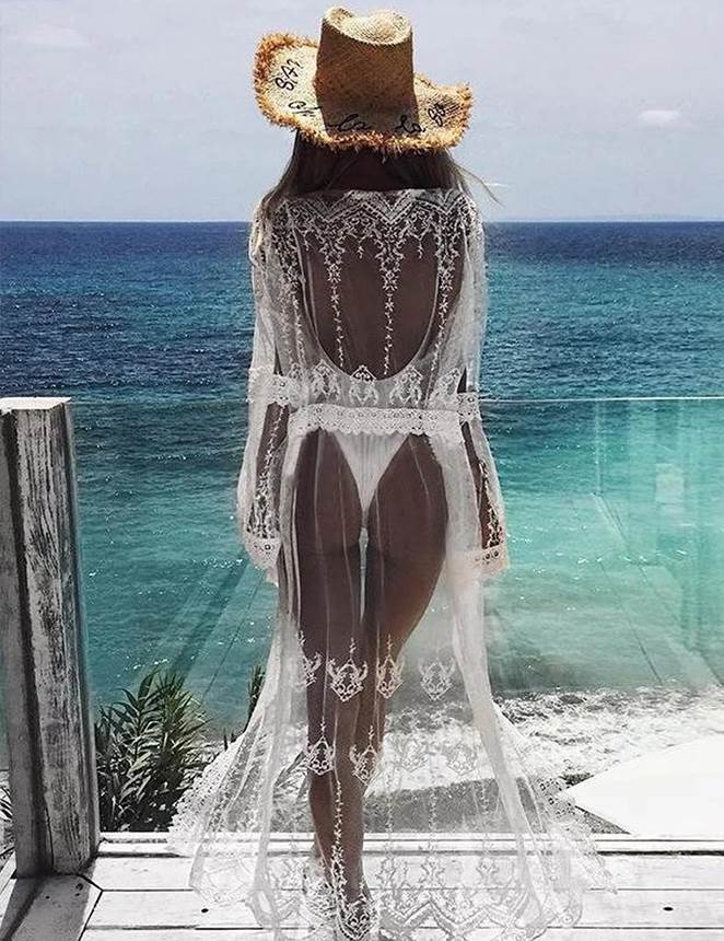 White Delicate Embroidery Long Cardigan Beach Gown