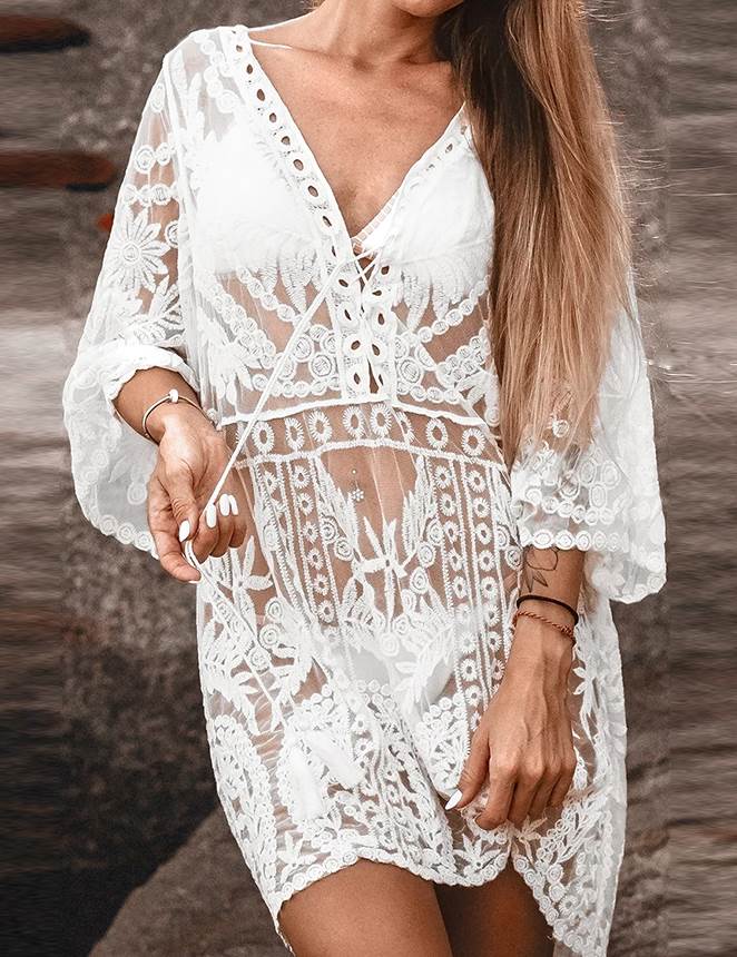 White Knitted Hollow Out Beach Dress