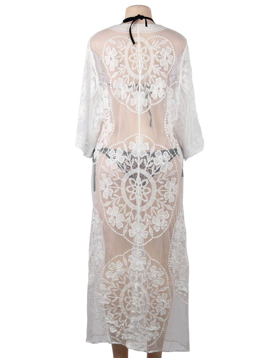 White Delicate Embroidery Long Cardigan Beach Gown