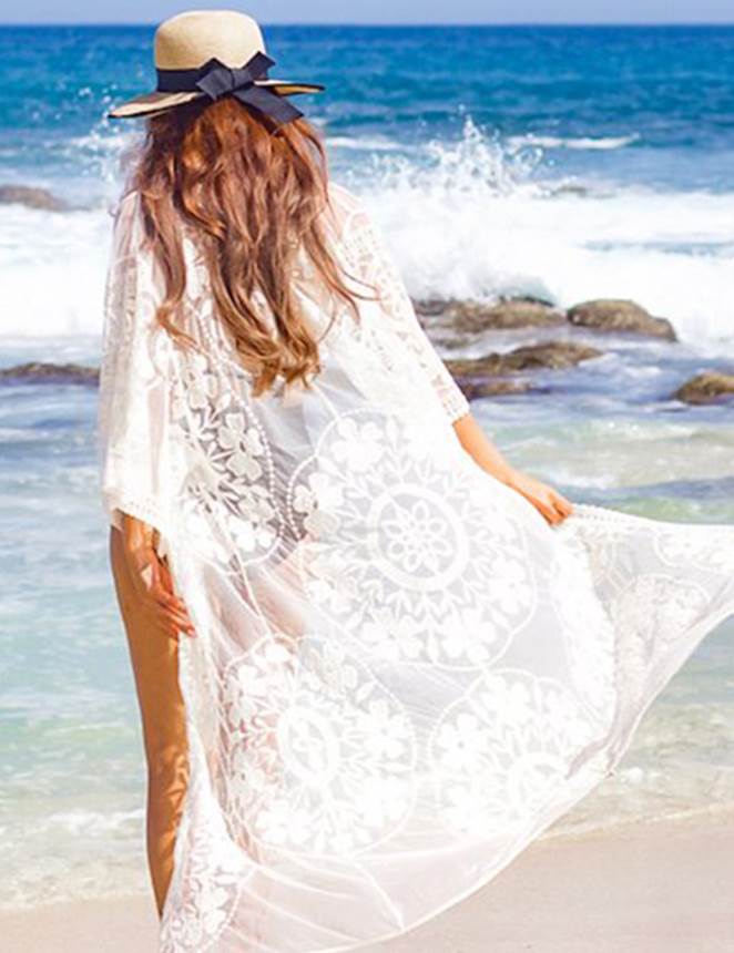 White Delicate Embroidery Long Cardigan Beach Gown