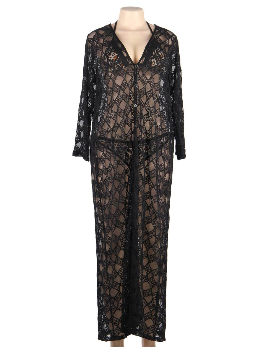 Black Delicate Embroidery Long Cardigan Beach Gown