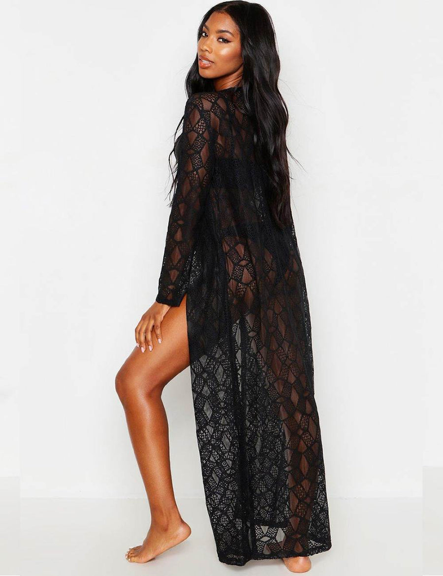 Black Delicate Embroidery Long Cardigan Beach Gown