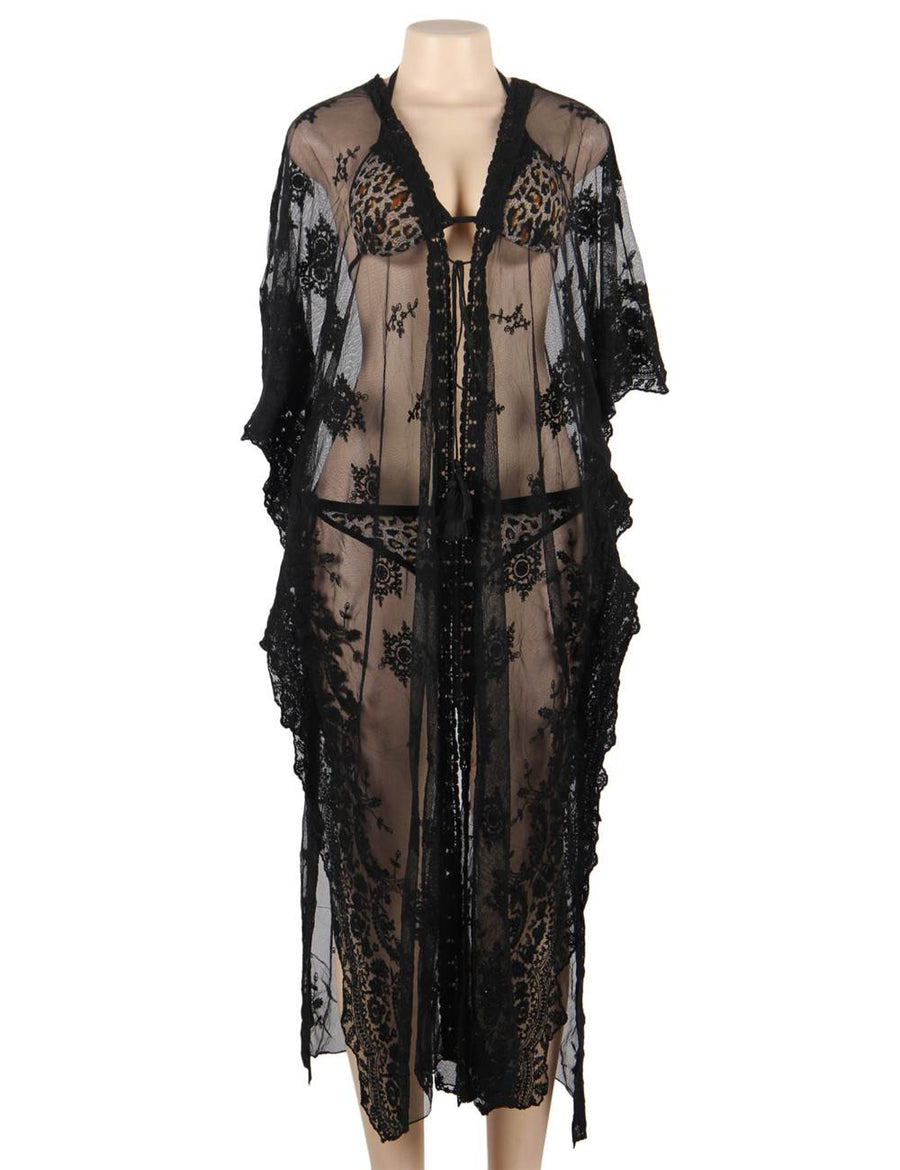 Black Delicate Embroidery Long Cardigan Beach Gown