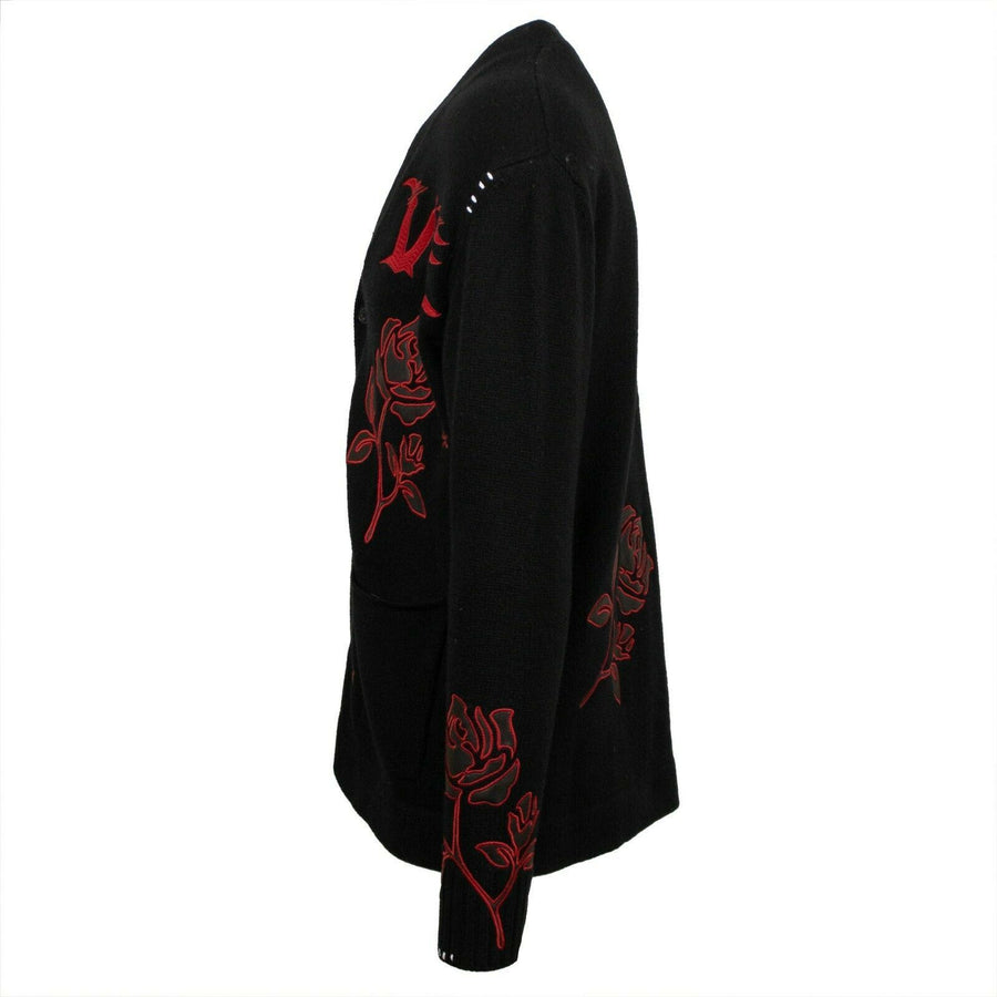 Rose Knit Cashmere Blend Cardigan Sweater - Black / Red