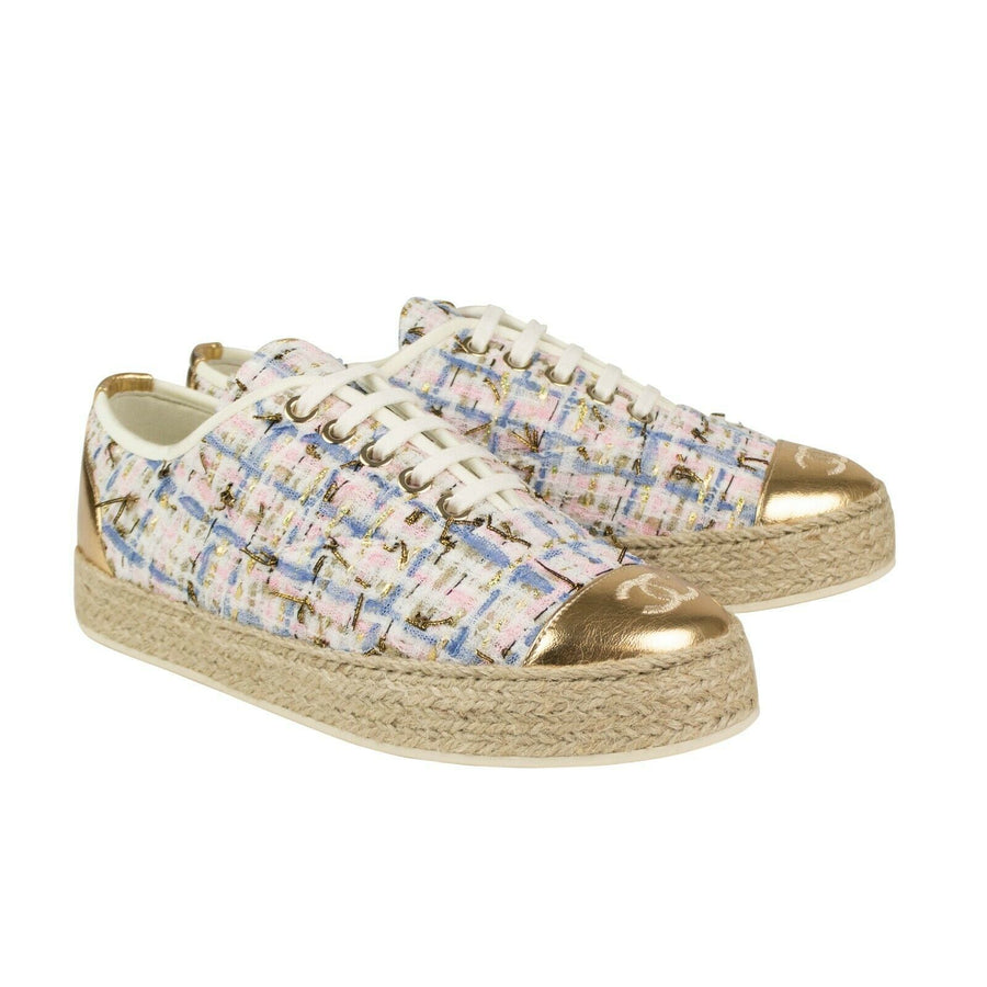 Tweed And Leather Lace Up Espadrille Sneakers - Pink / Blue / Gold