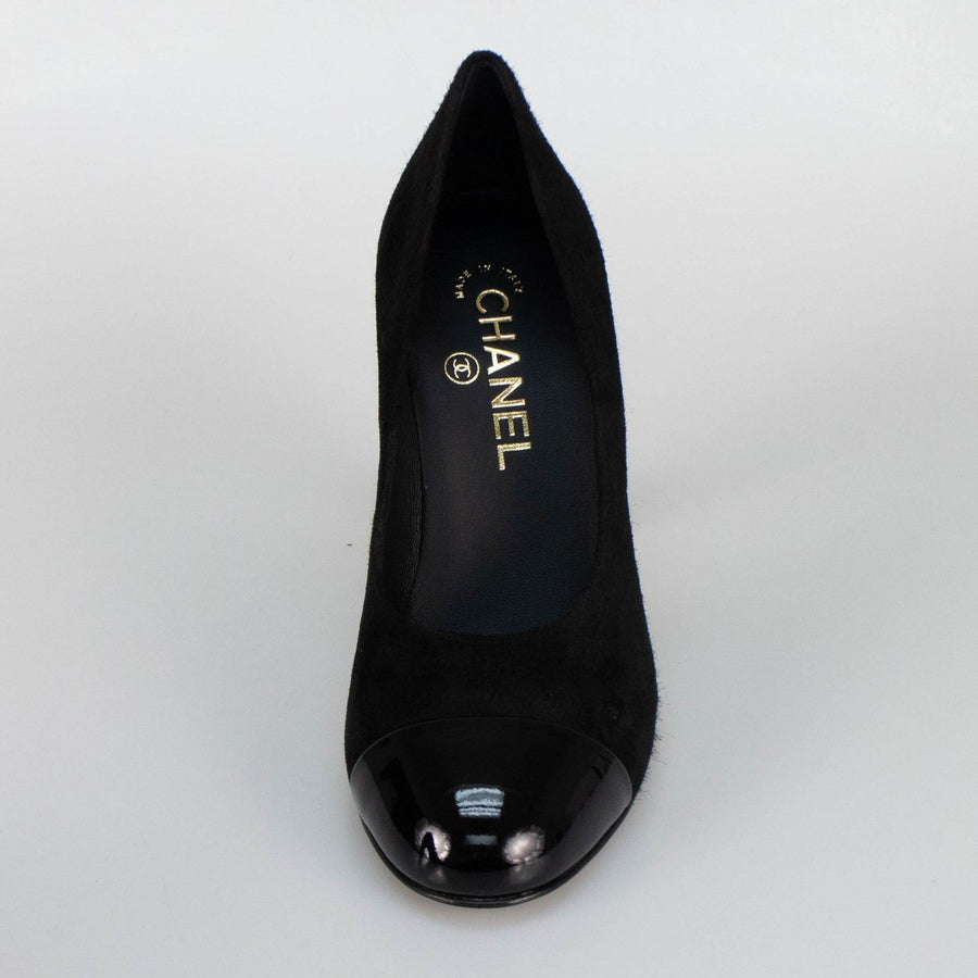 Suede And Patent Leather Cap Toe Pumps Heels - Black