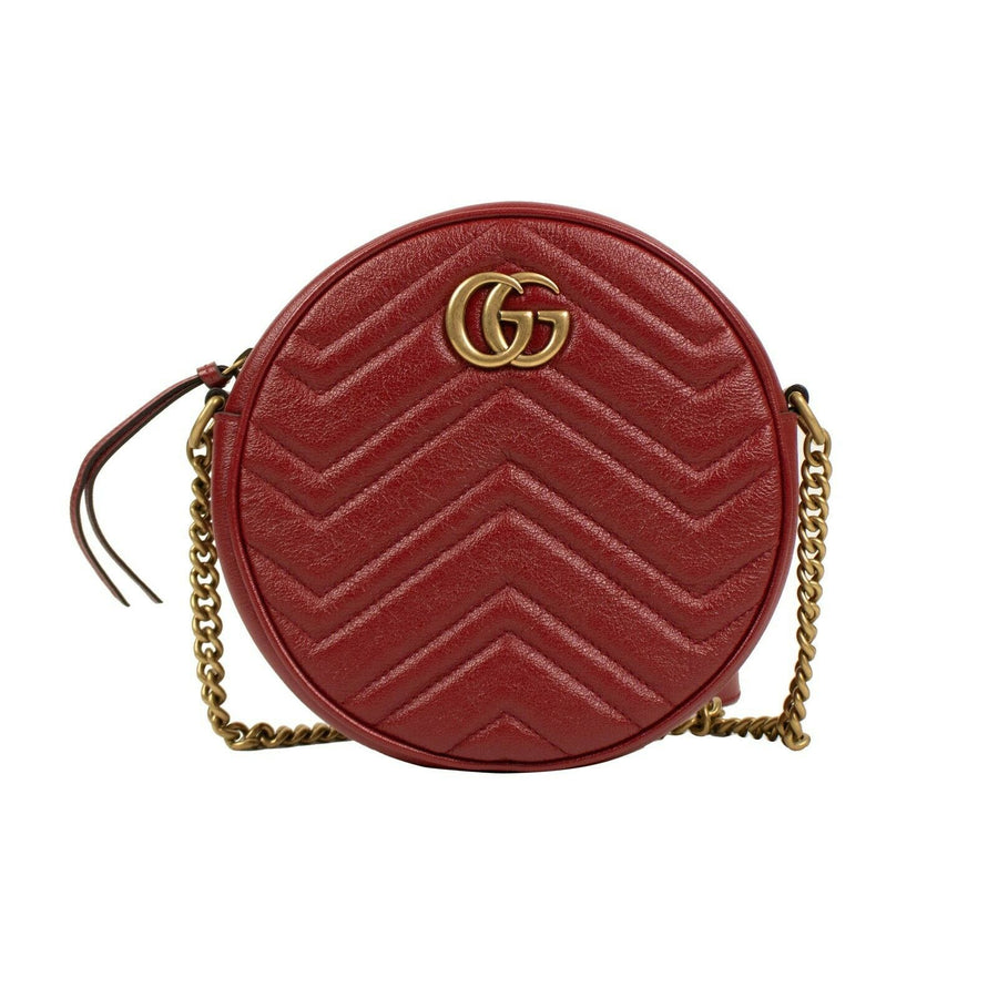 Quilted GG Marmont Chevron Leather Mini Round Shoulder Bag - Red