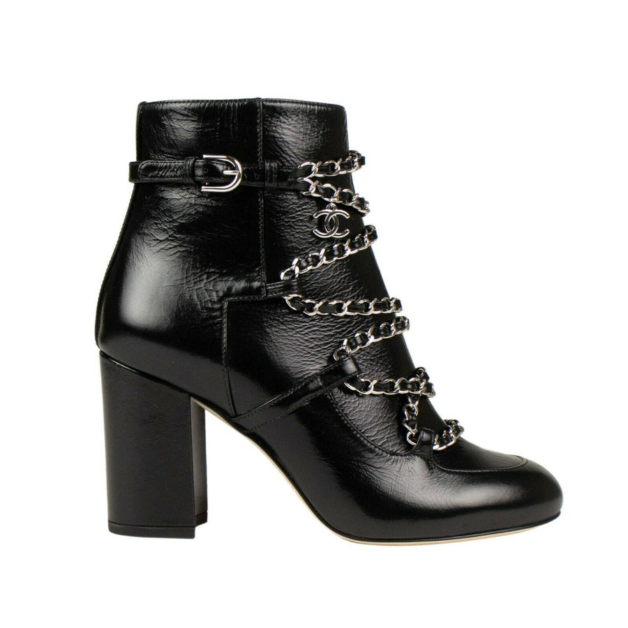 Calfskin Leather Chain Short Boots - Black