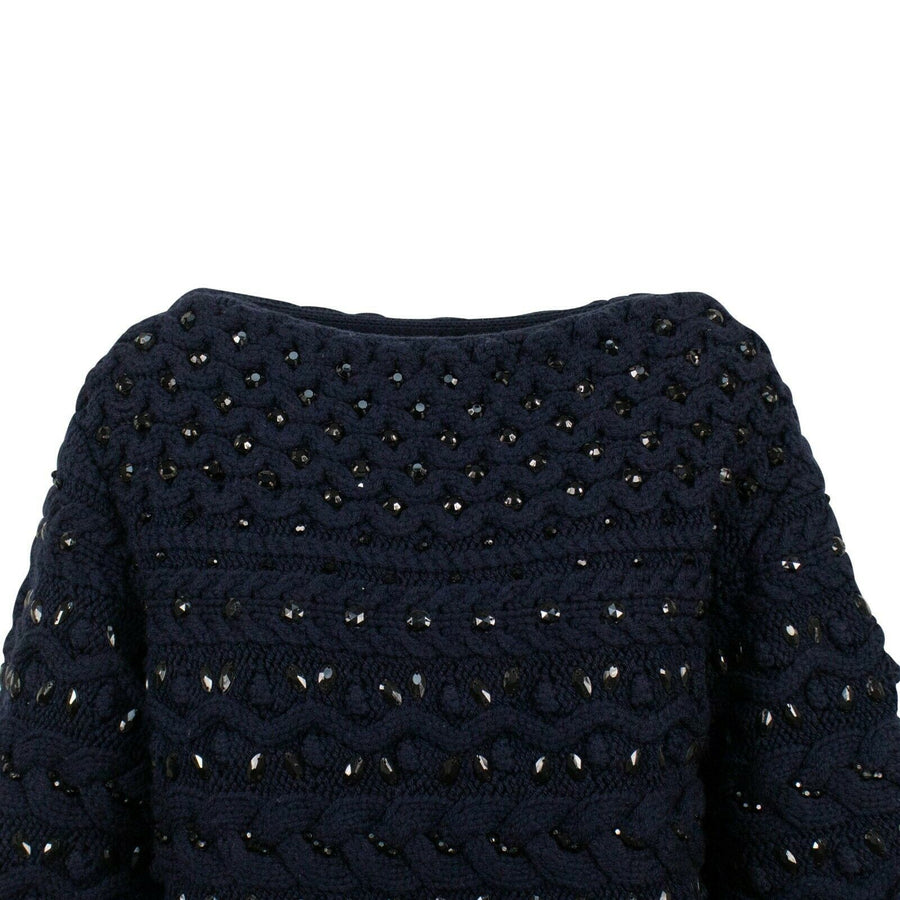 Embellished Beaded Chunky Knit Sweater Top - Navy