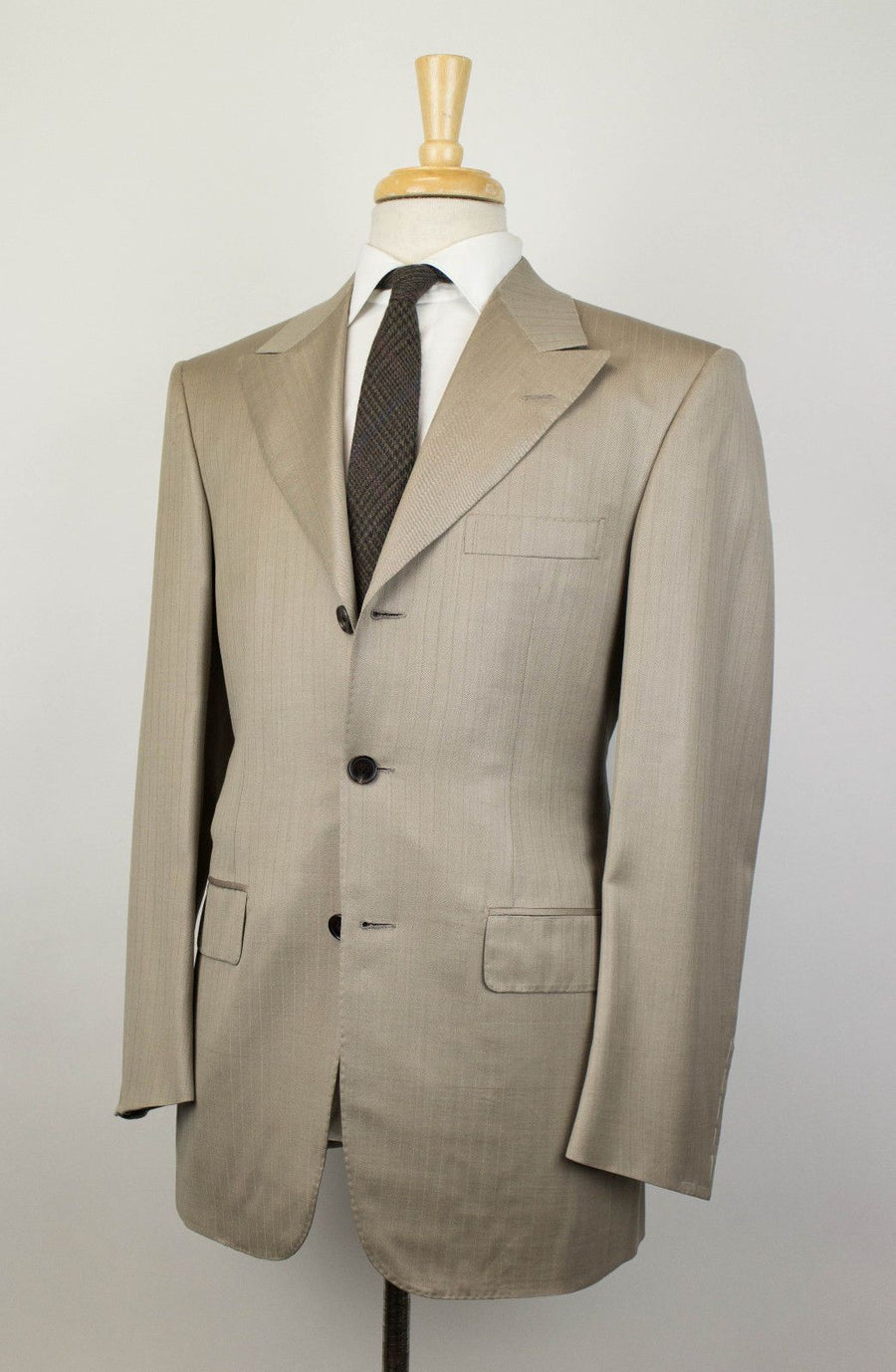 Striped Wool 3 Roll 2 Button Slim Fit Suit - Brown