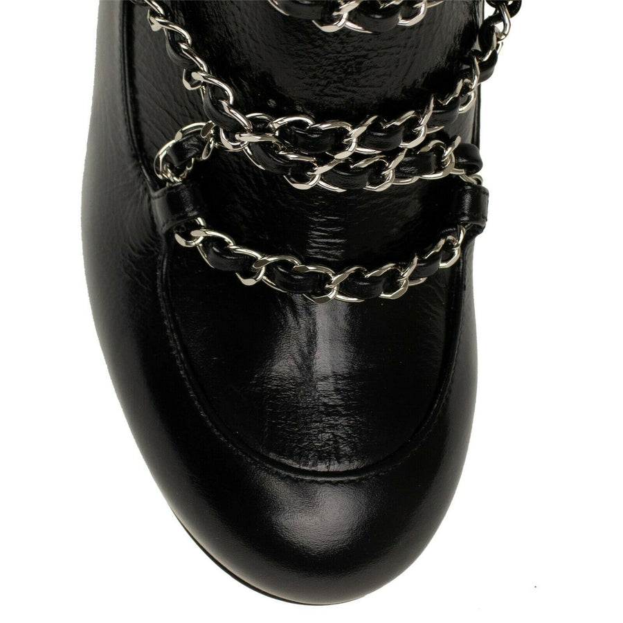 Calfskin Leather Chain Short Boots - Black