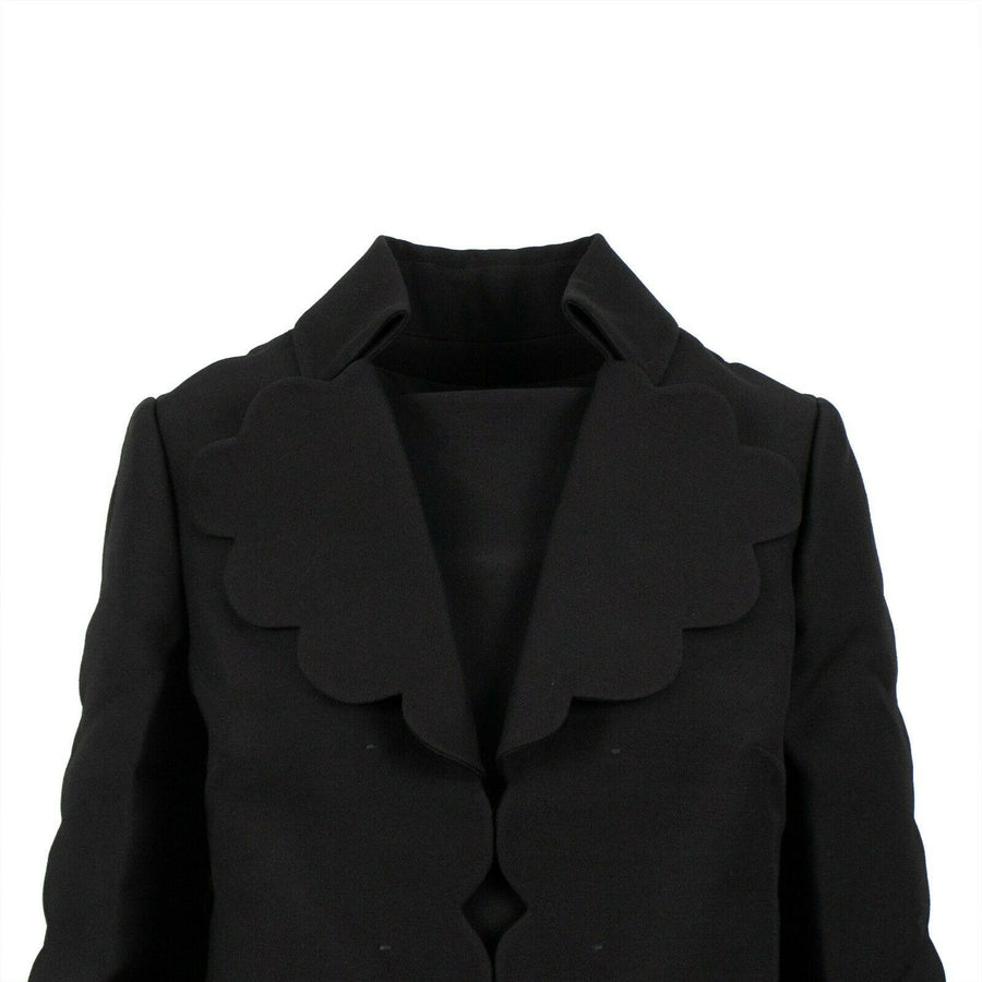 Wool Blend Scalloped Trim Blazer - Black